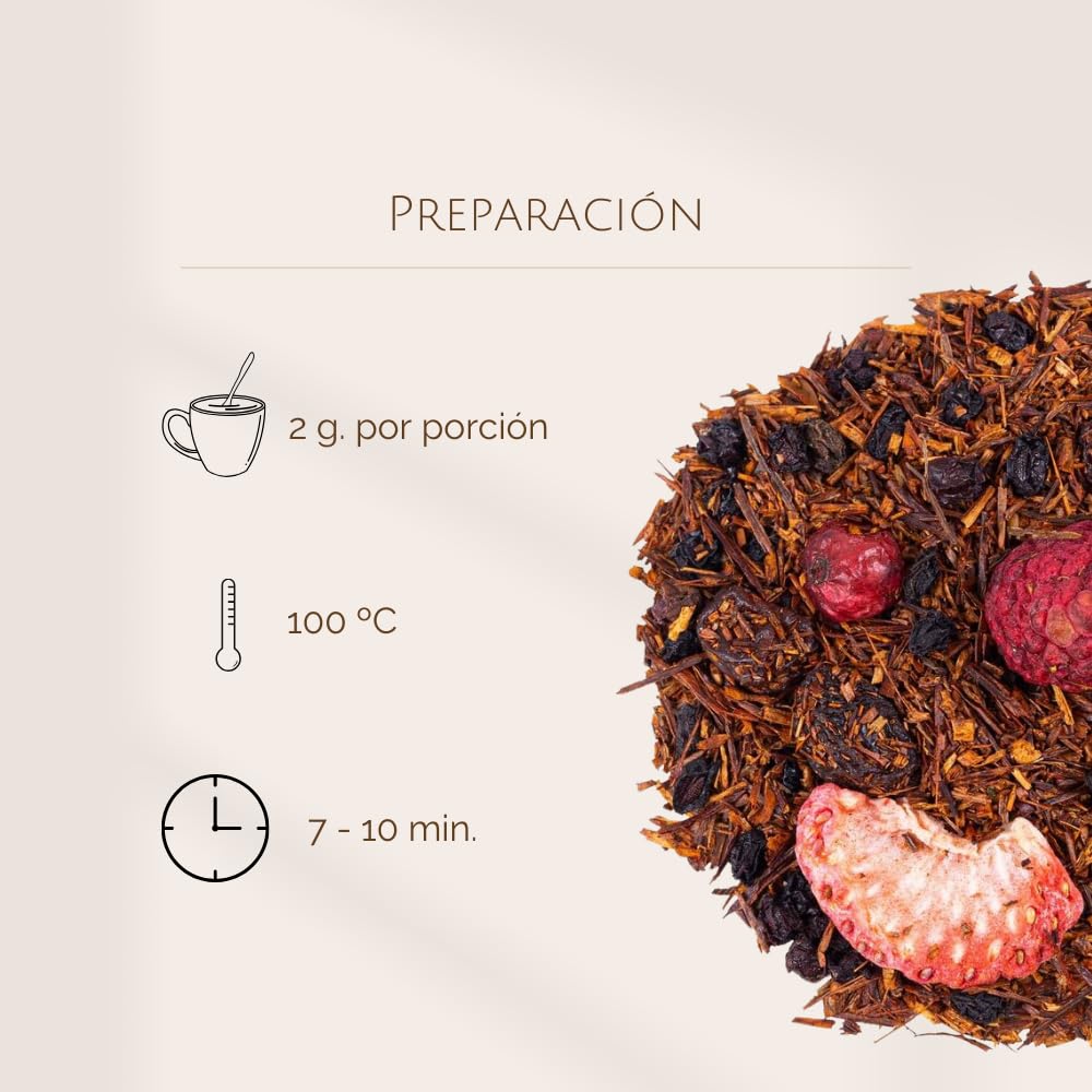 Rooibos de Frutos Rojos a Granel 100 Gramos - My Tea Moments - Cultivo Sostenible - Ingredientes Naturales: Baya de Saúco, Frambuesa, Fresa, Grosella, Grosella Negra, Uva Pasa.