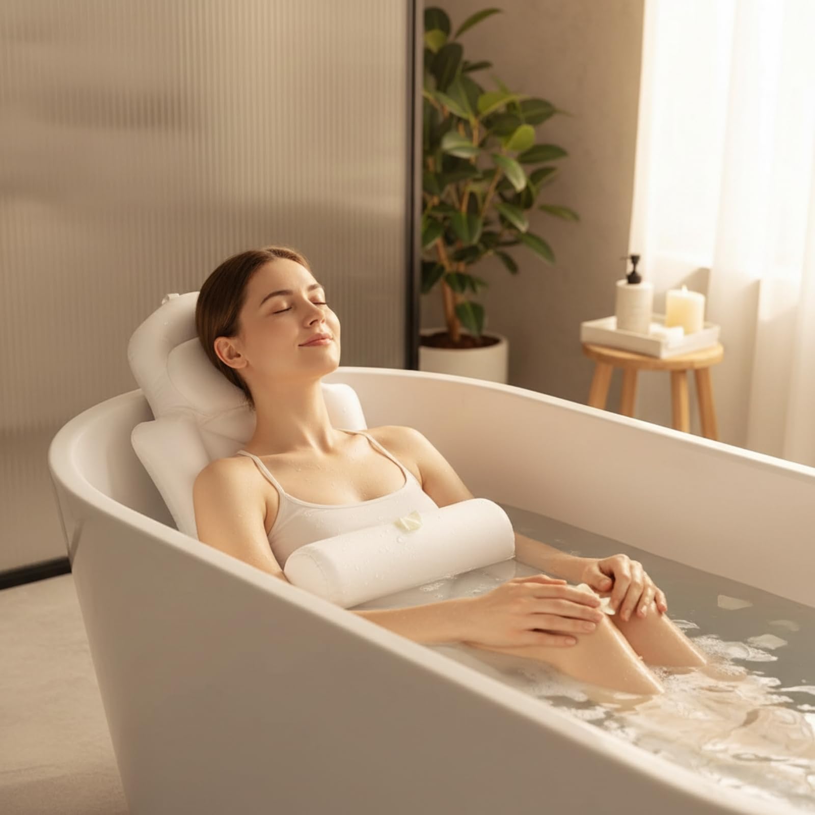 Oreiller Bain Ergonomique Confortable, Blanc Extensible sur Quatre Côtés avec Soutien Lombaire