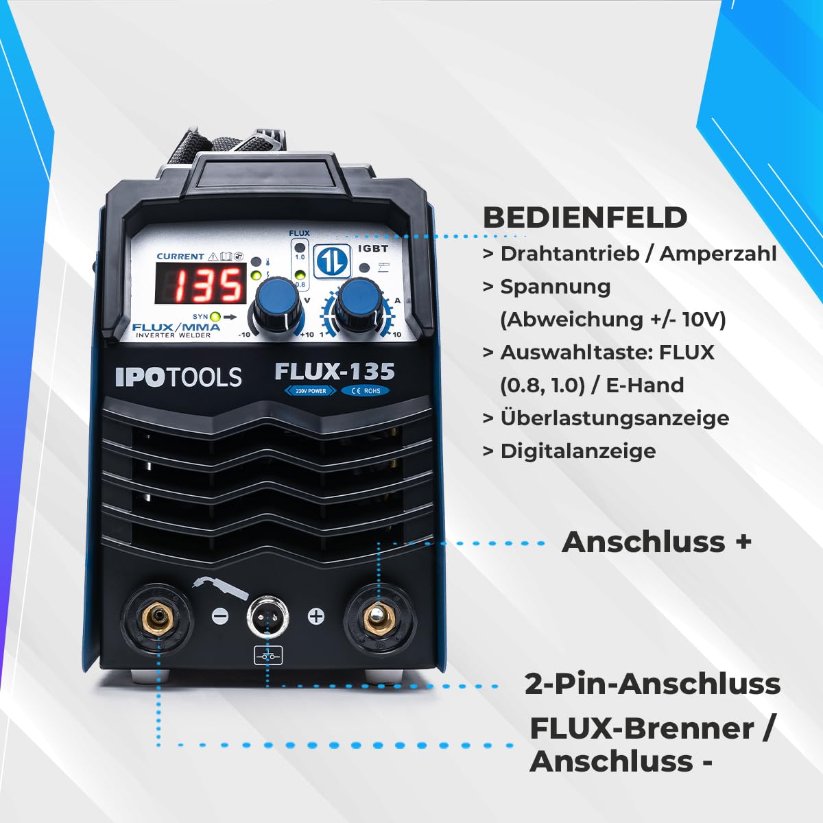 IPOTOOLS FLUX-135 - Saldatrice a filo di riempimento, senza gas, 135 A, senza gas, per saldatrice, filo di riempimento 0,8 mm o 1,0 mm, con MMA/IGBT/230 V