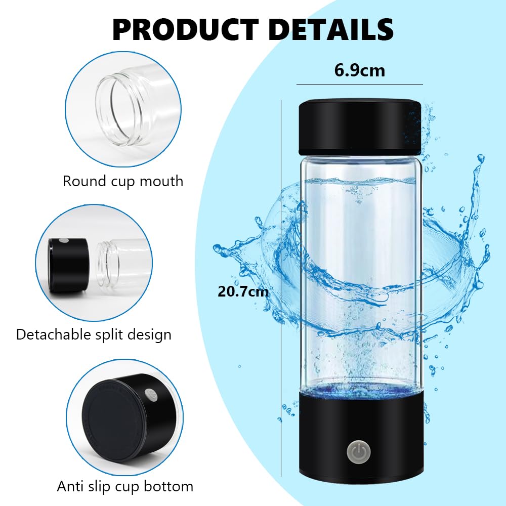 LEEZEL Generatore di Acqua Idrogenata, 420ML Portatile Tazza Ricca di Idrogeno Bottiglia, Bombola del Generatore di Idrogeno, Ricarica USB Portatile per Casa, Ufficio e Viaggi (nero)