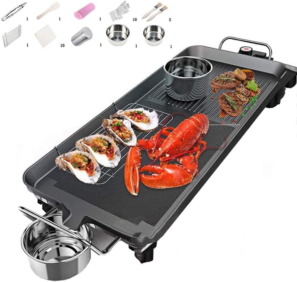 Plancha eléctrica Teppanyaki, parrilla interior sin humo de 1400-1700 W con placa de hierro fundido 2 en 1, bandeja de goteo extra grande (apta para lavavajillas), control de 5 niveles, grande + diez