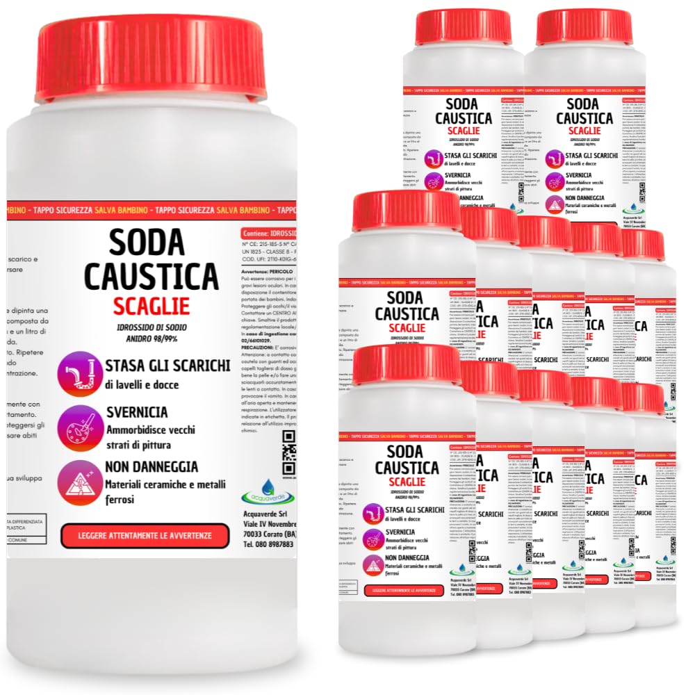 acquaverde | Soda Caustica a Scaglie 12 Kg, Ideale per Sturare gli Scarichi, Sverniciare, Disincrostante, Uso Domestico ed Industriale - MADE IN ITALY