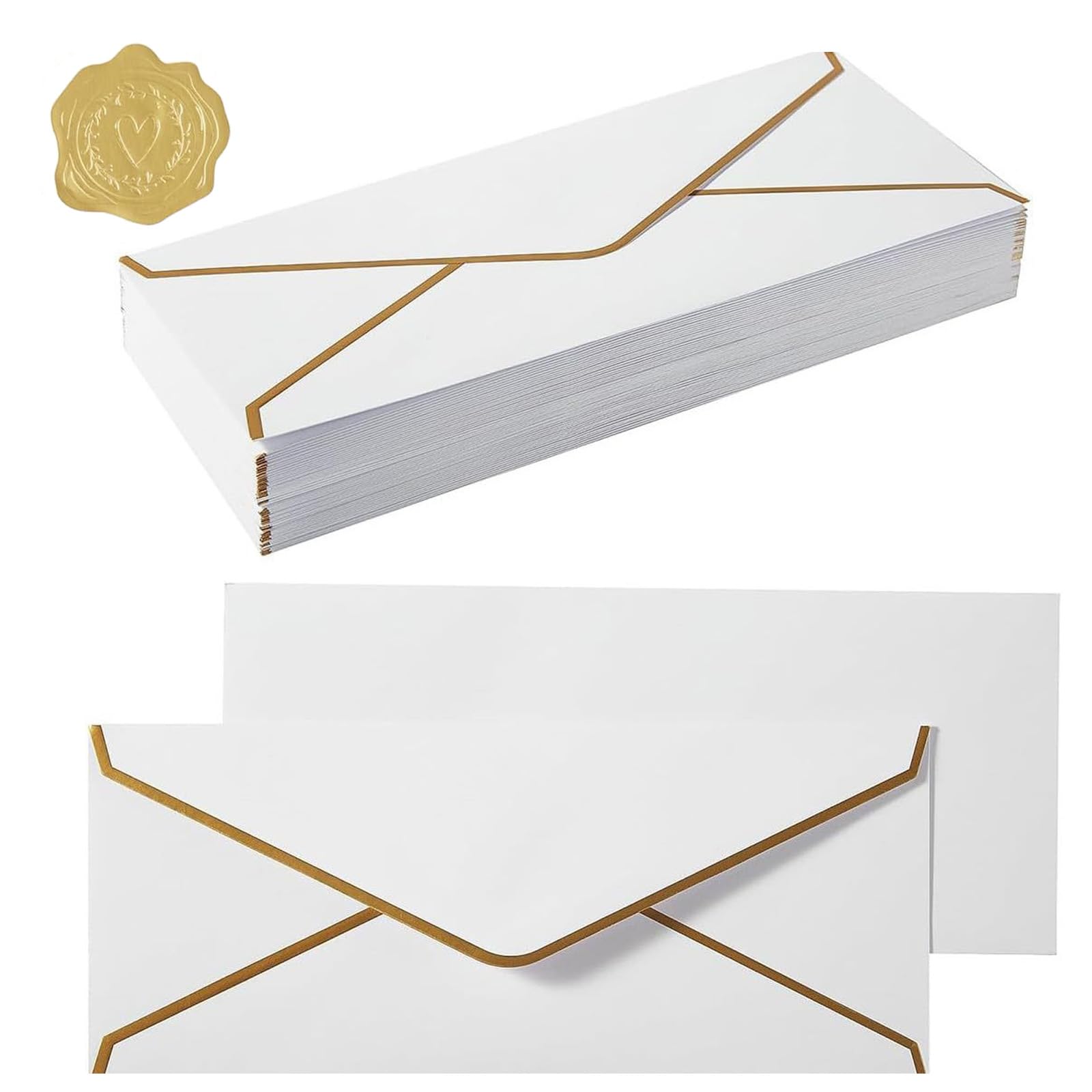 20 Pcs Business Invitation Envelopes with Gold Border 9.49 X 4.13 in Long V-Flap Envelopes Self Seal Gift Envelope with Stickers Money Envelope for Greeting Cards Wedding Birthday Handmade Xmas