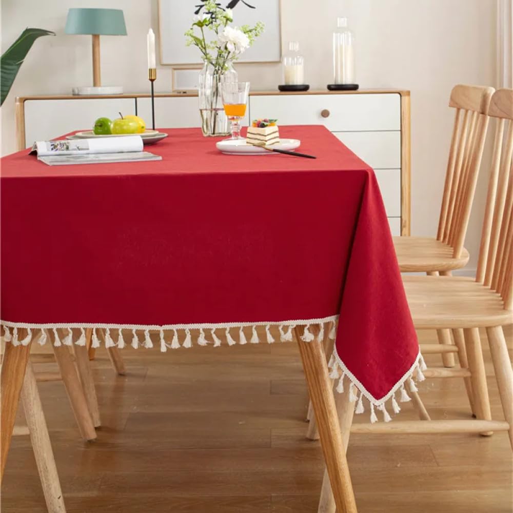 Nappe lavable en coton rouge 140x180 cm avec pompons pour table de repas