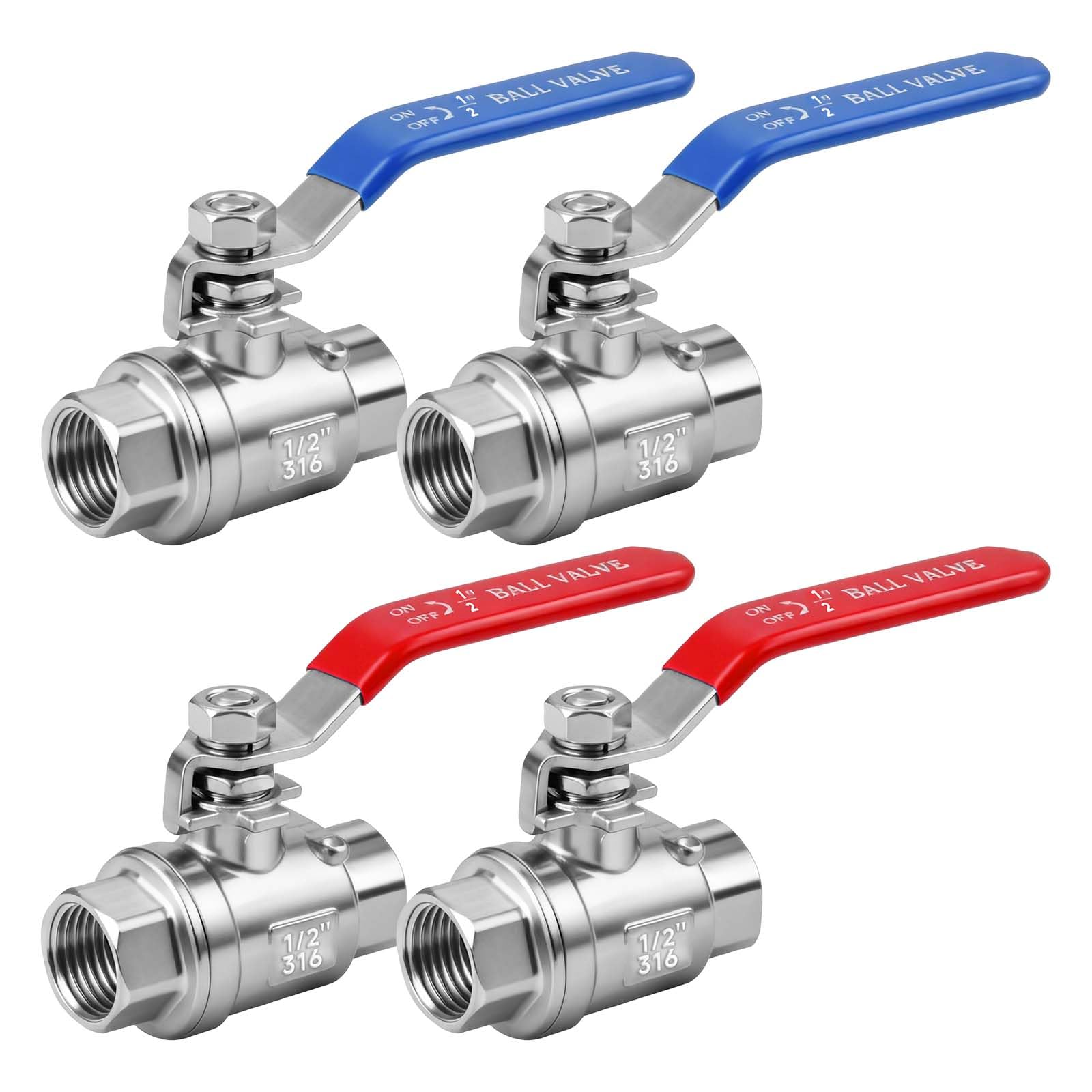 1/2" Full Port Ball Valve 316 Stainless Steel, NPT Female, 1000 WOG, with Heavy-Duty Blue & Red Vinyl Handles,4-Pack