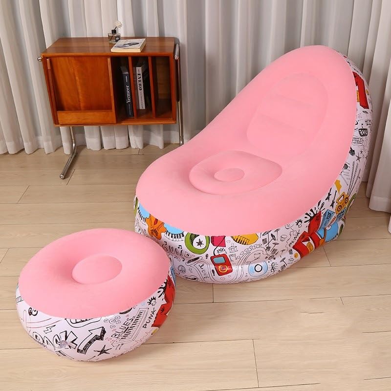 Image of Primechoice Inflatable Lounge Chair with Footrest 2-in-1 Air Sofa for Adults, Folding Portable Lazy Recliner with Pump for Indoor Living Room, Bedroom, Office, Outdoor Camping (Graffiti Pink)