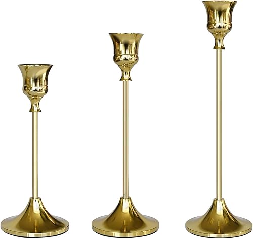 Miniatura 6 de Elegantes portavelas cónicos de metal, juego de 3, acabado dorado, diferentes alturas. Centro de mesa decorativo moderno para mesa, repisa, boda,