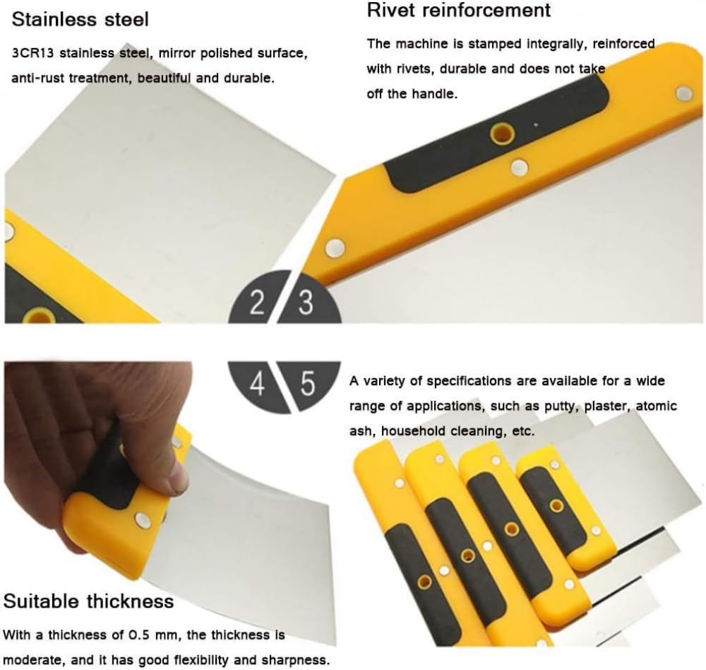 Spatule Enduit,4 pcs Spatule de Peintre Multifonction en Acier Inoxydable-Grattoir Multifonction avec Plaque de Frappe - Grattoir à Peinture avec Poignée Antidérapante