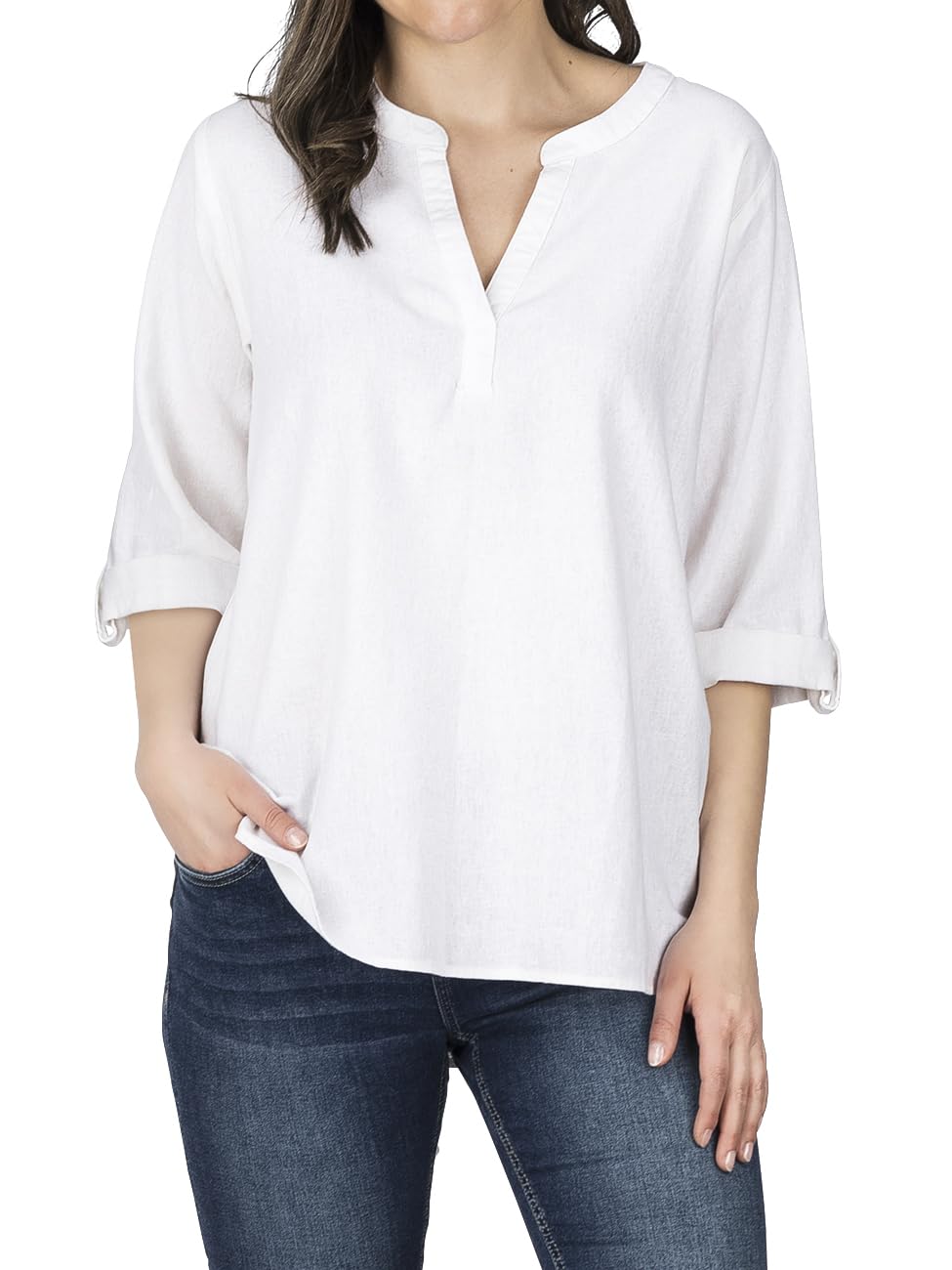 DENIMFY Leinenbluse Damen Sommer leicht Regular Fit DFSara Leinen Bluse | 3/4 Arm V-Ausschnitt Blusenshirt Oberteile Einfarbig Weiß Beige Grün S M L XL XXL