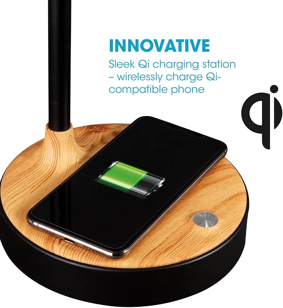 OttLite Wellness Series Wireless Charging LED Table Lamp, LED Desk Lamp and Book Light, Reading Light, Great Desk Lights for Home Office, Black with Woodgrain Accents