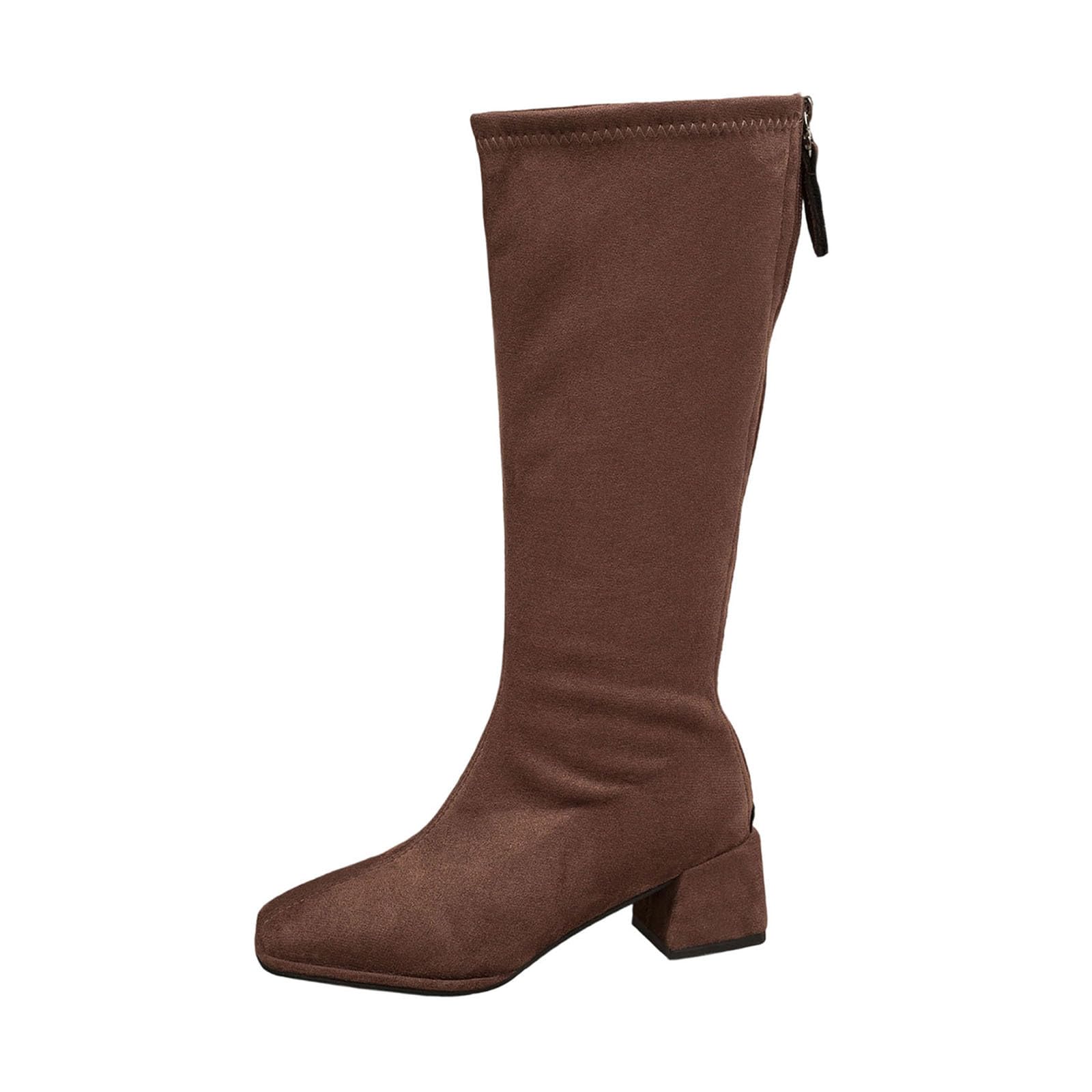 Leather Booties for Women Fashion Square Toe Knee High Boots Mid Chunky Block Heel Side Zip Party Wedding