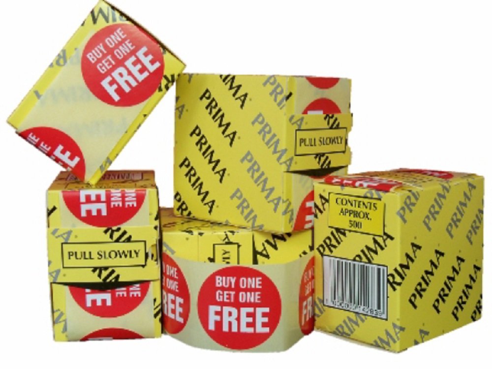1000 Printed 'Buy One Get One Free' BOGOF Removable Retail Labels Stickers 45mm Diameter Red Circle Easy Peel Self Adhesive Shop Display For Pricing Tagging Gun