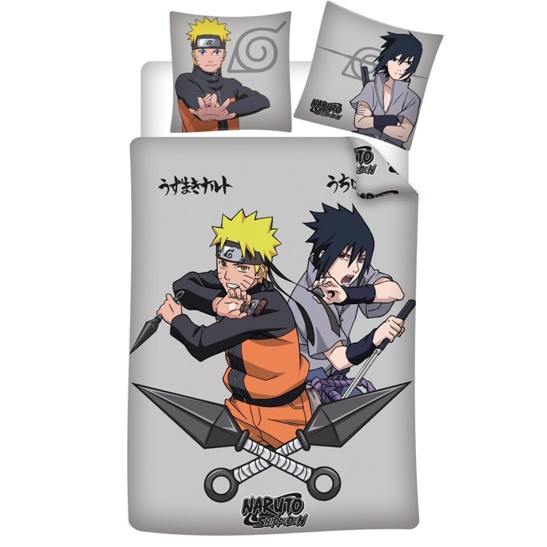 Aymax Naruto Shippuden Reversible Bedding Set – Duvet Cover 140 x 200 cm + Pillowcase 65 x 65 cm – 100% Premium Cotton – Certified Oeko-Tex Standard 100 – Official Naruto & Sasuke Design