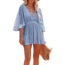 2024 Womens Lace Crochet Romper Dress,Batwing Sleeve Backless Crochet Ruffle Mini Dresses