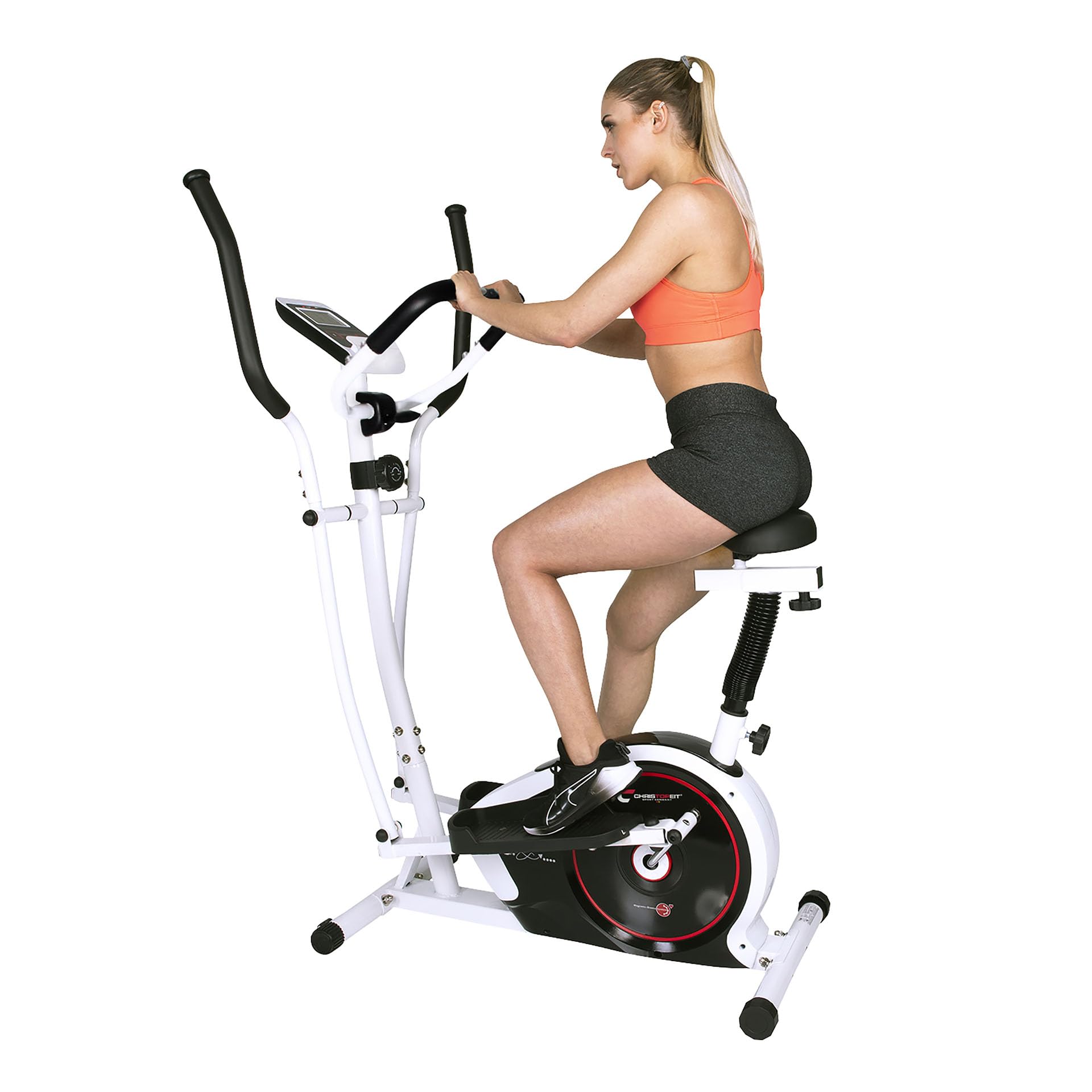 Christopeit Vélo elliptique et vélo d'appartement, 2 en 1 CT 4 avec frein magnétique de 7 kg et 8 niveaux de résistance – Entraînement silencieux, écran LCD, capteurs de pouls et support pour tablette