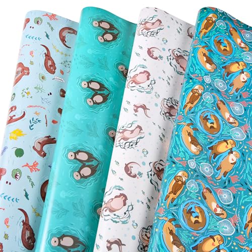 Image of Sikiweiter Otter Wrapping Paper - 12 Sheets Cute Otter Wrapping Paper for Anniversary Birthday Christmas Holiday, 19.7 x 27.6 Inches Per Sheet