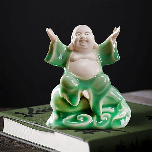 Miniatura 6 de Houlu Pequeña estatua de Buda risueña verde para buena suerte, estatua de cerámica de Buda feliz de la suerte para decoración del hogar