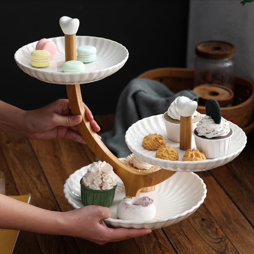 Patera na Owoce Miska na Owoce Kosz na Owoce Zestaw miski owocowej z naturalnym bambusowym stojakiem, ceramiczny koszyk owocowy serwujący taca zestaw do owoców, przystawka deserowy, ciasto, cukierki S