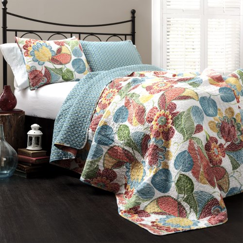Lush Decor Layla Quilt Floral Leaf Print 3 Piece Reversible Bedding Set, King, Orange Blue by Lush Decor - Used condition - US$42.15