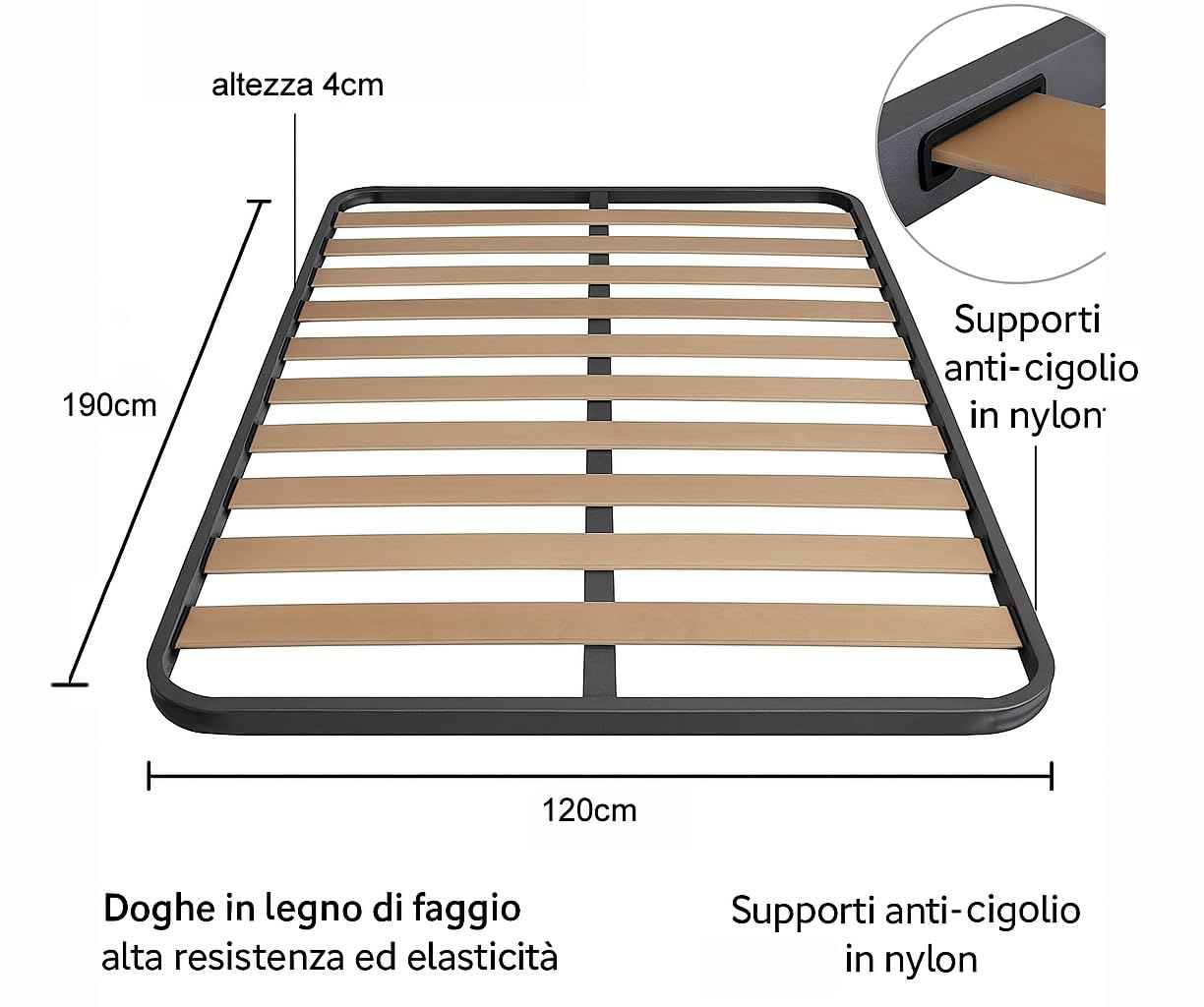 Rete a Doghe Ortopedica 120x190 Senza Piedi – Struttura in Tubolare Rinforzato, Doghe in Legno di Faggio Curvato – Rete da Appoggio per Materasso Una Piazza e Mezza Robusta, Silenziosa e Anticigolio