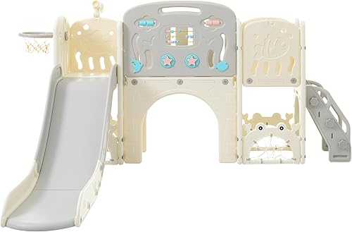 Miniatura 6 de Juego multiactividad 11 en 1 para niños pequeños con tobogán, aro de baloncesto y telescopio, patio de juegos para interiores y exteriores para