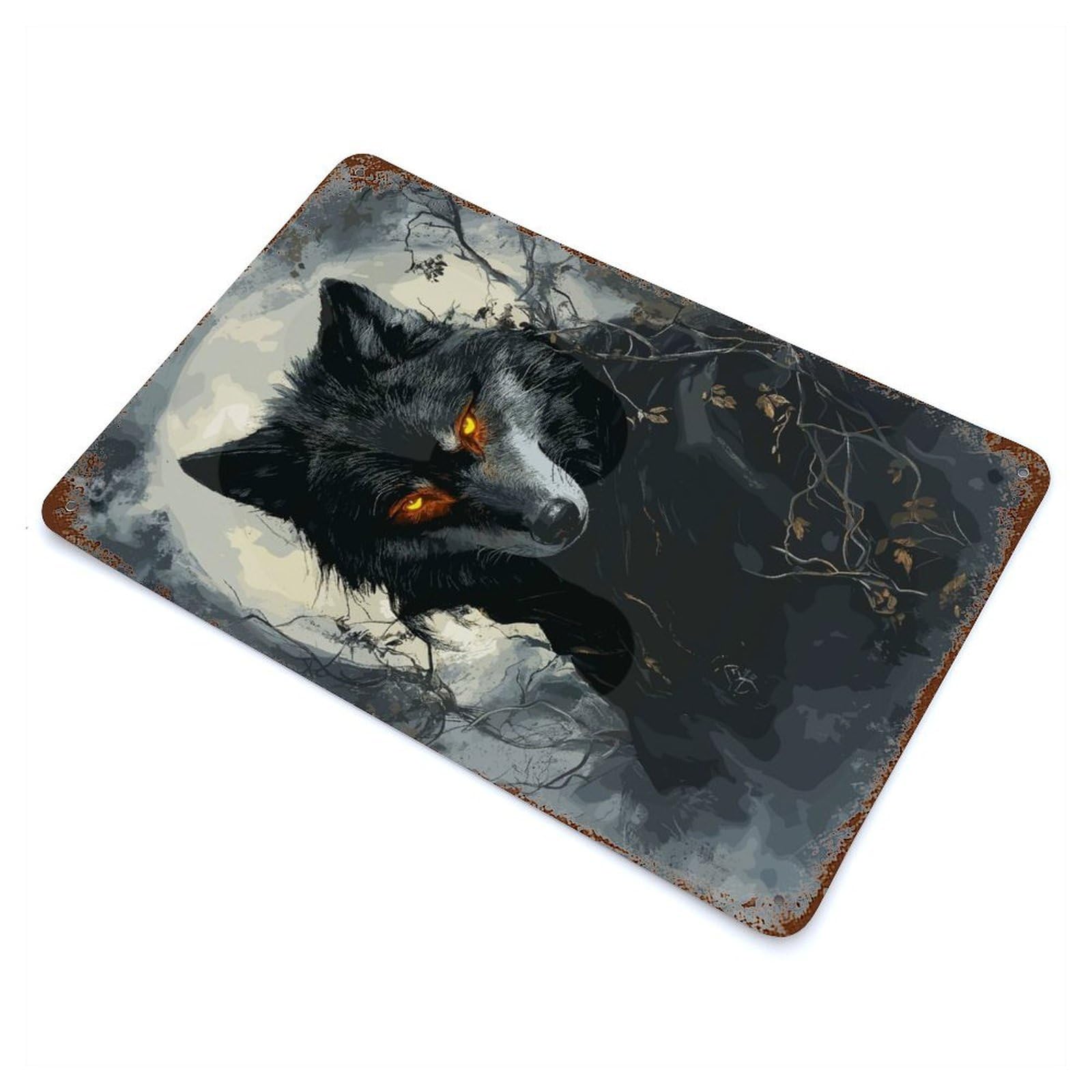 Rusty Metal Tin Sign with Wolf with Glowing Eyes Design 11.8"x7.9", for Farmhouse, Kitchen And Entryway Decor, Rustic Home Decor