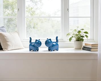 3 inch Blue Cats Couple Figurine Glossy Ceramic, Set of 2 | Sleek Minimalist Design Cats Couple Figurine for Home Office Table Desk Shelf Decoration Housewarming Wedding Gift