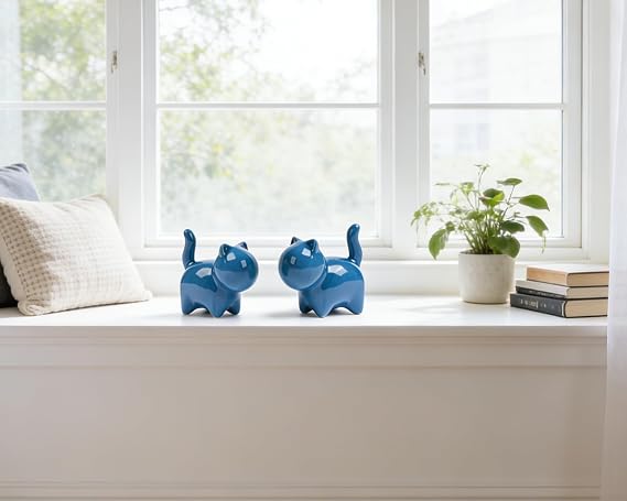 3 inch Blue Cats Couple Figurine Glossy Ceramic, Set of 2 | Sleek Minimalist Design Cats Couple Figurine for Home Office Table Desk Shelf Decoration Housewarming Wedding Gift
