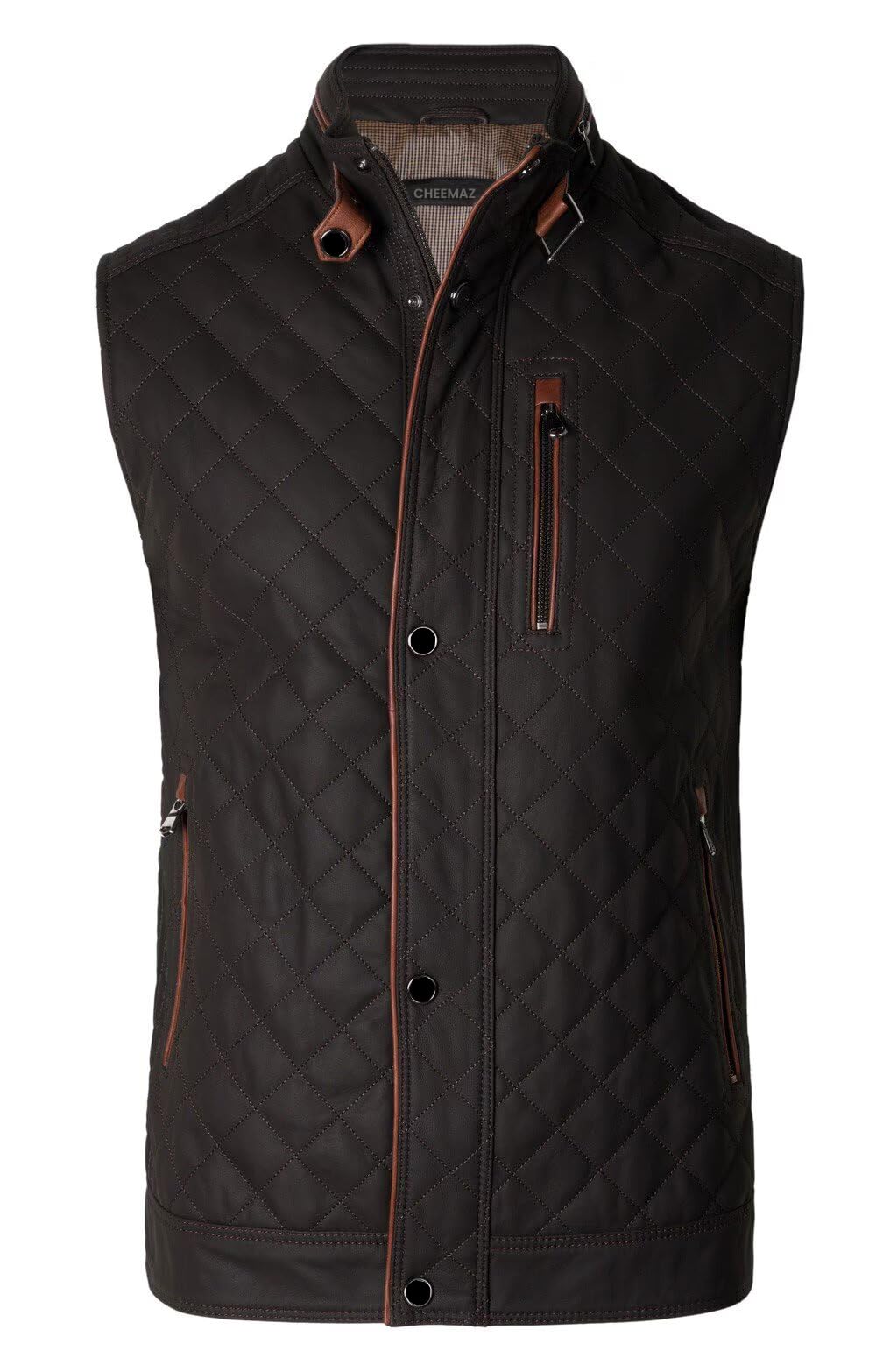 Cheemaz Men's Classic Club Quilted Style Motorcycle Casual Bikers Premium Lambskin Leather Stand Collar Vest For Men (US, Alpha, X-Large, Regular, Regular, Coffee)