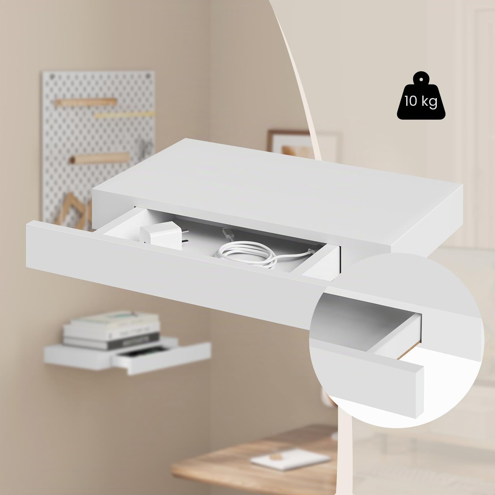 WOLTU Mensola da Muro, Scaffale Parete Moderno, Mensola con Cassetto in MDF per Soggiorno, Camera da Letto, Cucina, 40x25x5cm Bianco, RG9344ws