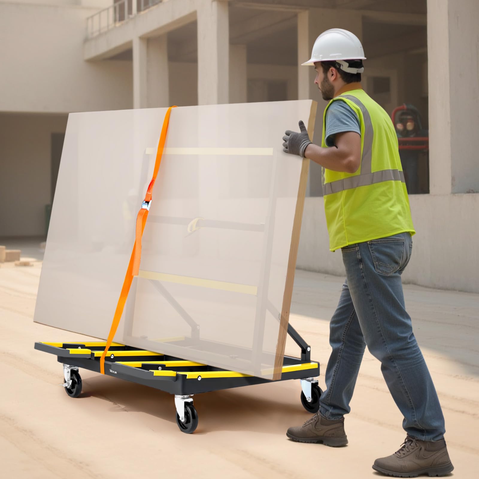VEVOR Carrello per Cartongesso, Capacità di Carico 816 kg, in Acciaio con 4 Ruote Girevoli e Piano Espandibile, Carrello per Pannelli con Piattaforma Pieghevole con Cinghia di Fissaggio