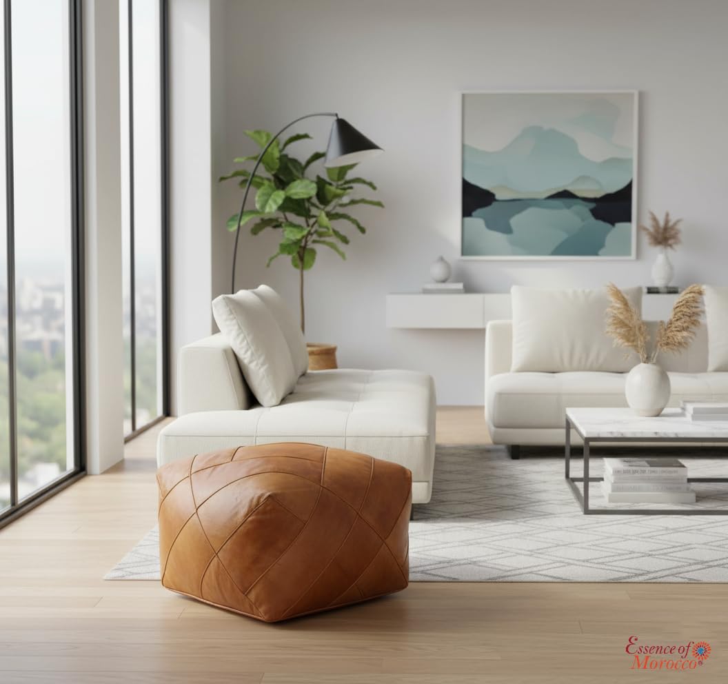 Marokkanischer Pouf Pouf Ottoman Fußbank Fußstütze Quadratisch Extra Groß Echtes Naturbraunes Leder Handgenäht Kachel Design (nur Bezug)