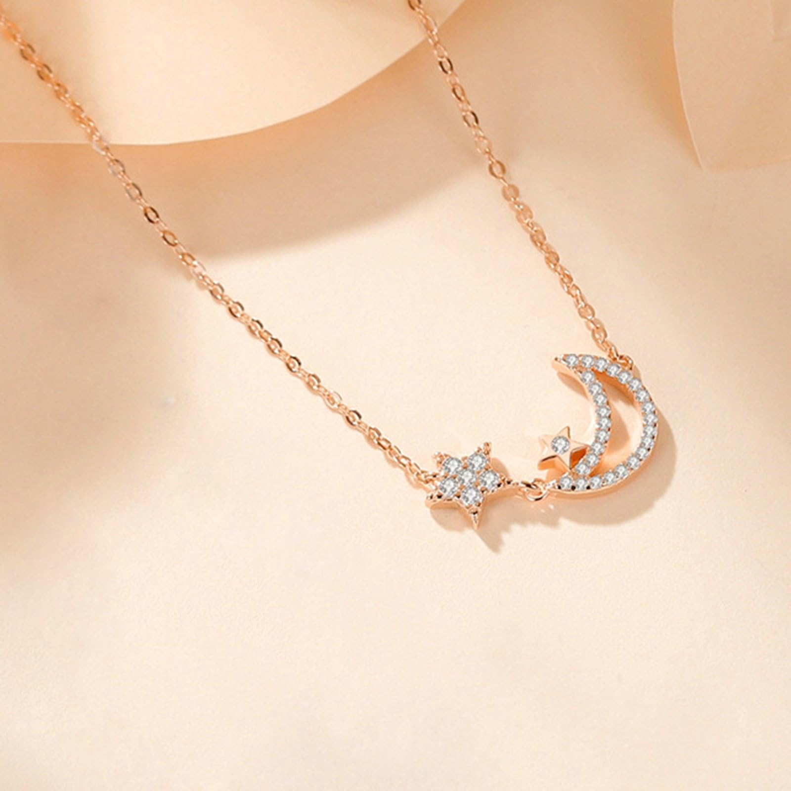 Anhänger Halskette 9K/14K/18K Gold, Roségold Halsketten Mond Stern mit Moissanit Damen Braut Halskette 40+5cm