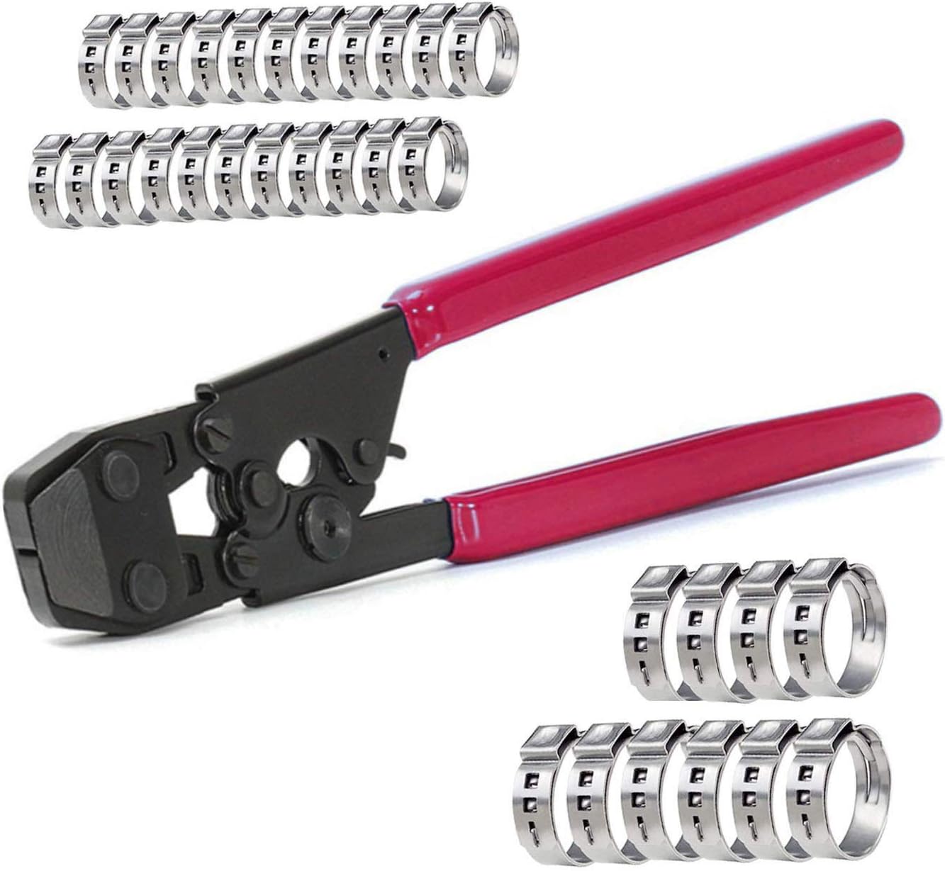 PEX Clamp Cinch Tool Crimping Tool Crimper for Stainless Steel Clamps from 3/8"to 1" with 1/2" 20PCS and 3/4" 10PCS PEX Clamps