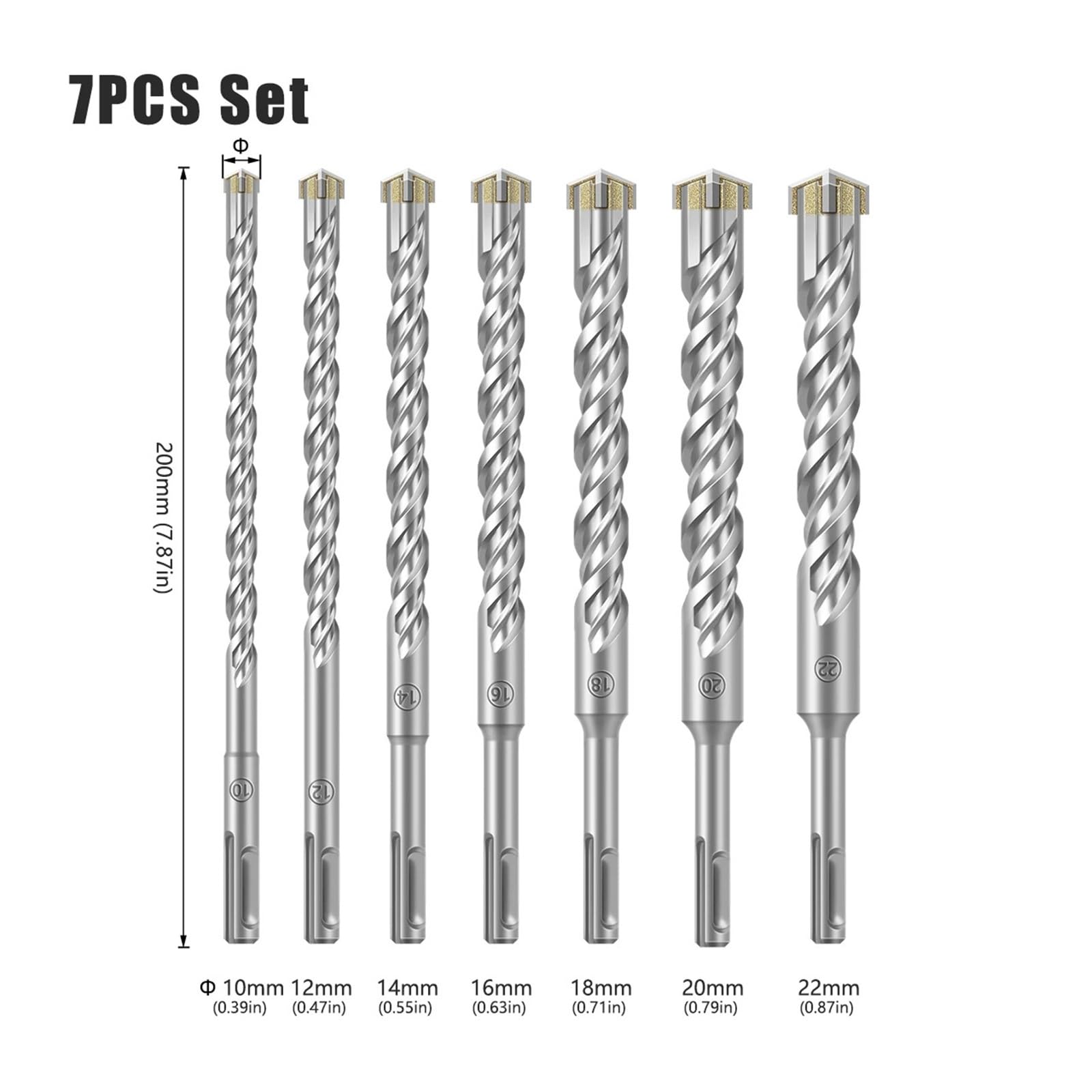 Broca de martillo eléctrico de aleación de 8-25 mm de diámetro, broca de impacto para hormigón a través de perforación de orificios de pared, accesorios de taladro eléctrico(200mm-7Pcs)