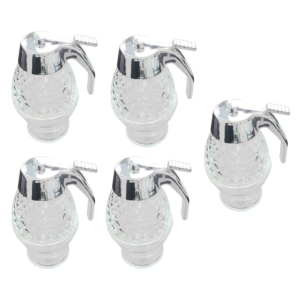 5 x 200 ml Acryl Honigsirup Spender Glas mit Ständer, Küchenspeicherbehälter, Design mit Einzeldruckhebel