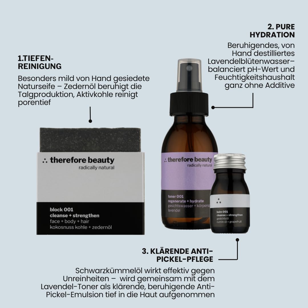 Hautruhe Anti Pickel Set gegen unreine Haut & Akne – Naturkosmetik Routine mit Aktivkohle Seife 100g, Lavendel Gesichtswasser 100ml & Schwarzkümmelöl Gesichtsöl 30ml für fettige Haut