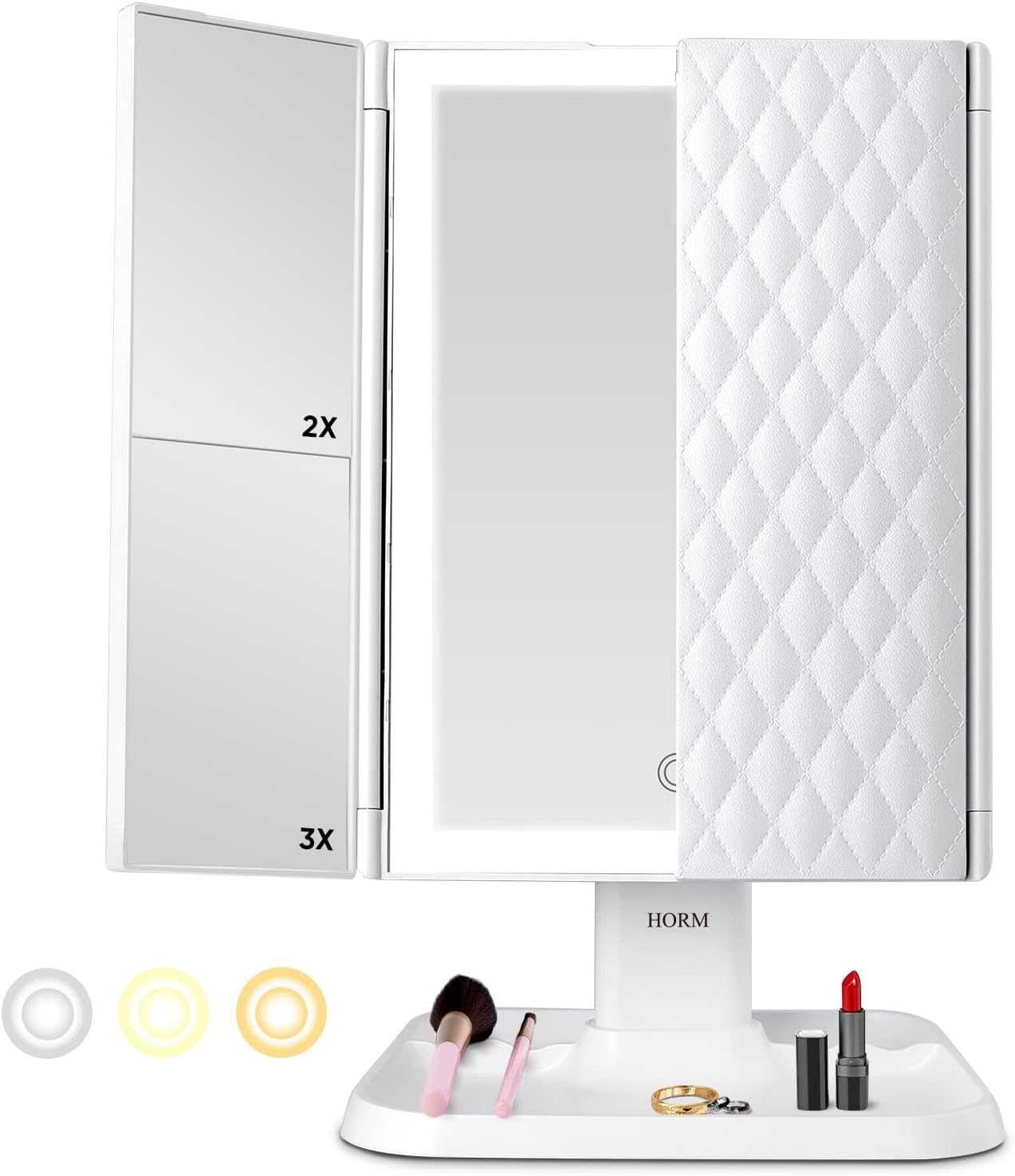 Makeup Mirror Vanity with Lights - 3 Color Lighting Modes 72 LED Trifold Mirror, 1x/2x/3x Magnification, Touch Control Design, Portable High Definition Cosmetic Lighted Up White (JING-007)