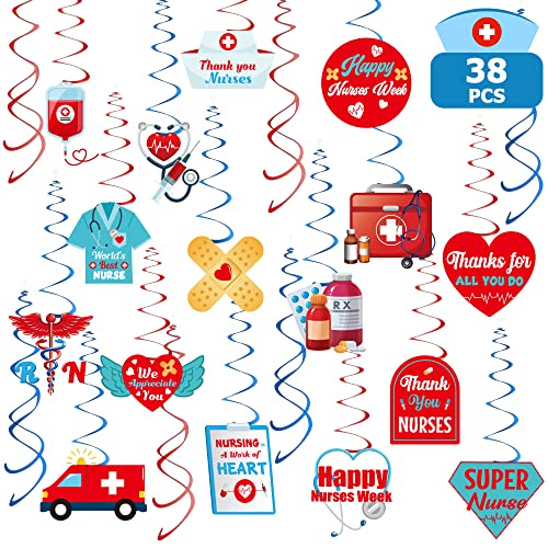 Nurses Week Decorations 38PCS Nurses Hanging Swirls Decorations 2026 Blue Red Swirls School RN Nurse Graduation Decor Happy Nurses Week Appreciation Swirls for Nursing Graduation Party Supplies