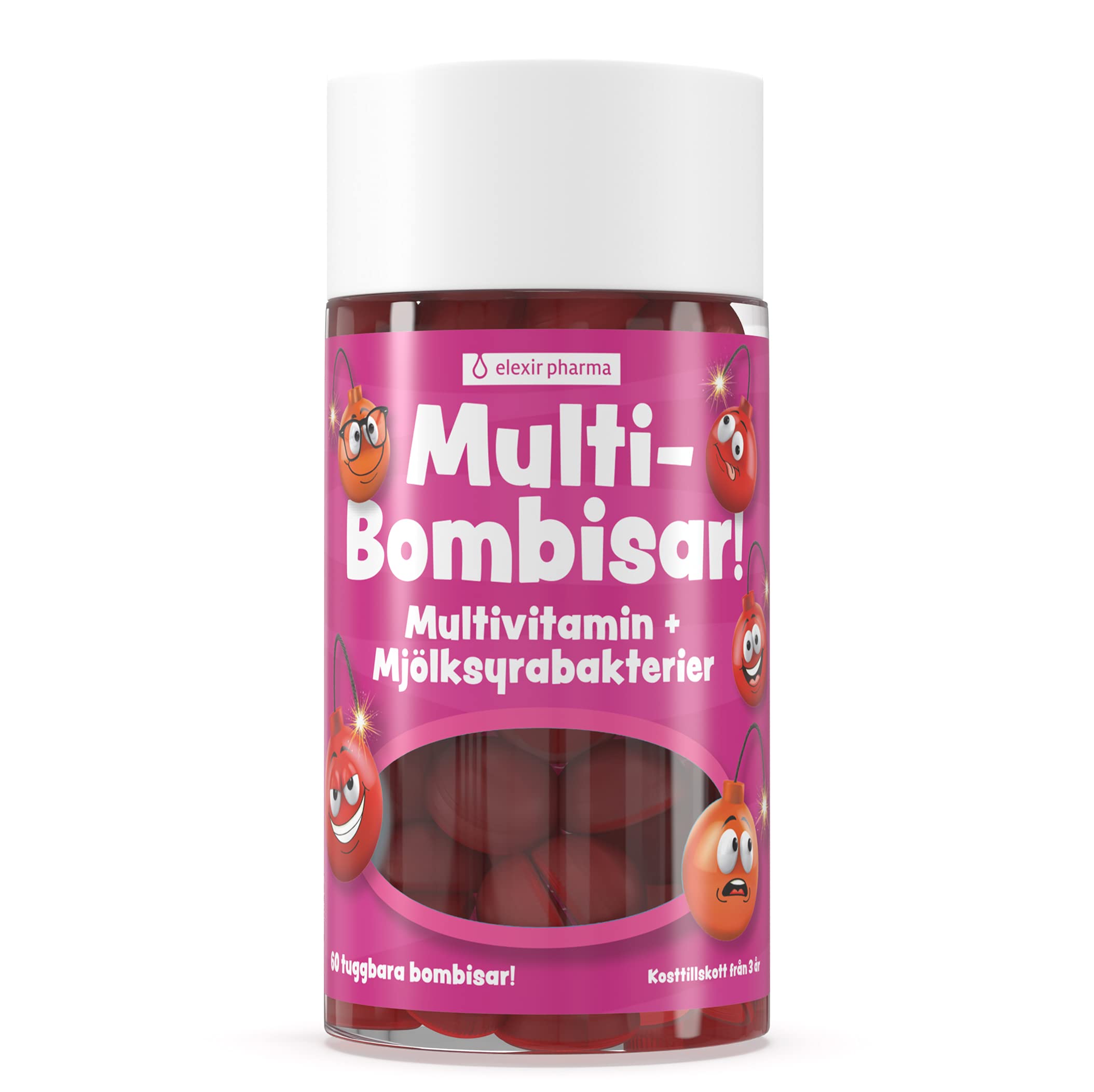 Pharma Multibombisar - Chewable Multivitamin + Lactic Acid Bacteria Gummies for Kids & Adults - with Probiotics and Minerals - Strawberry Flavoured - 1 per Day - 60 chewies - Made in Sweden.