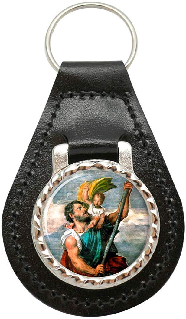 Giftshop Uk Unisex Black Leather And Silver Metal St. Christopher Leather Key Fob