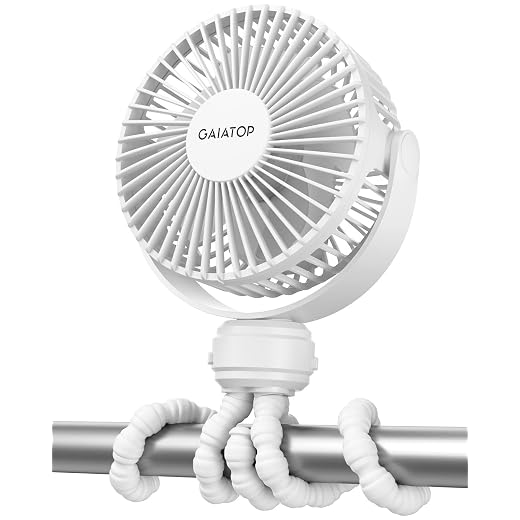 Gaiatop Mini Portable Stroller Fan, Battery Operated Small Clip on, Detachable 3 Speed Rechargeable, 360° Rotate Flexible Tripod Better Cooling for Car Seat Crib Treadmill Travel White