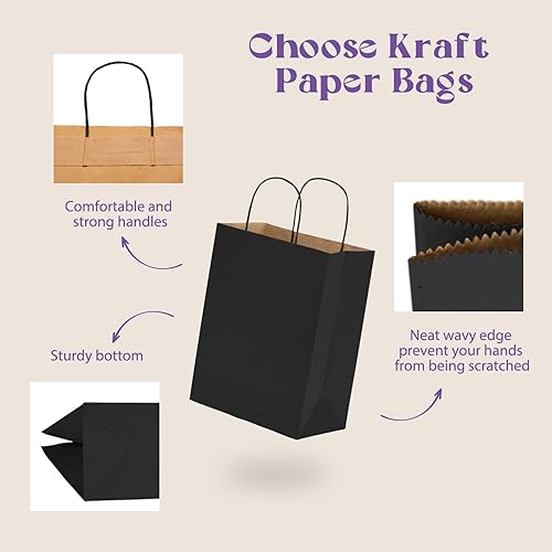 Miniatura 3 de MESHA Bolsas de papel de regalo de 8 x 4.25 x 10.5 pulgadas, bolsas de papel negro con asas a granel, 50 bolsas de papel kraft para pequeñas