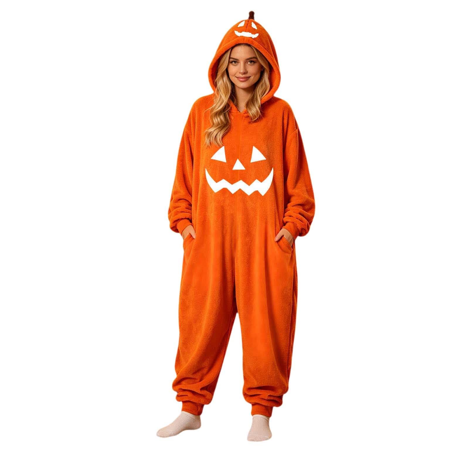 Pigiama Halloween Adulto Tuta Zucca con Cappuccio Unisex Modello Confortevole Unisex, Pigiama Halloween Adulto, Tuta Zucca Intera per Casa e Tempo Libero