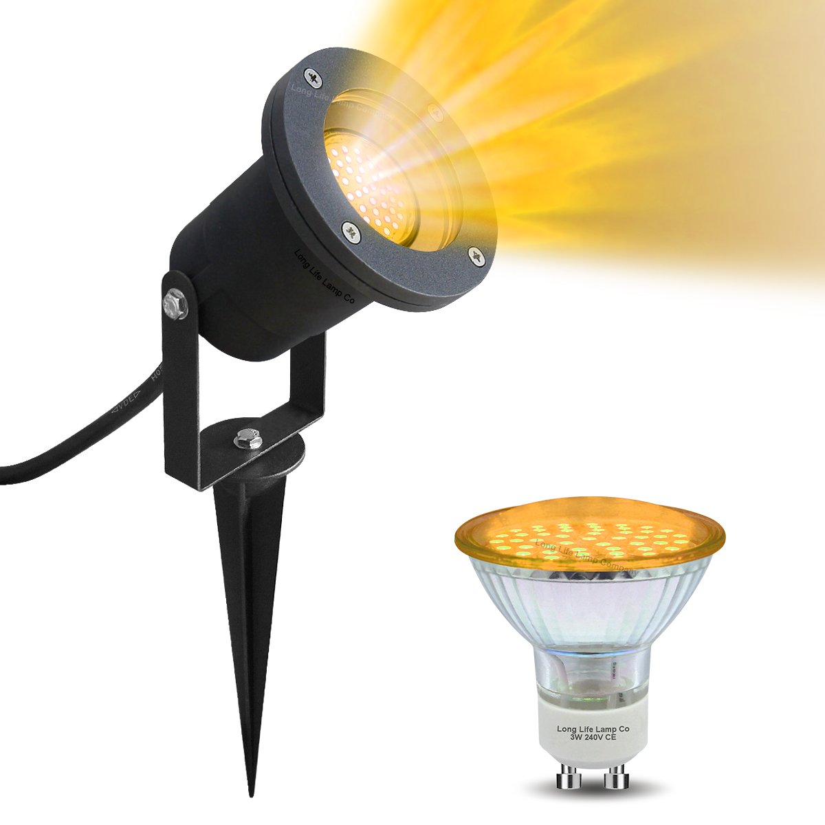 Long Life Lamp Company Matt Black Yellow Led Garden Spike -Wall Light Yellow Led Gu10 Outdoor Ip65 Black Spike Light 4W Led