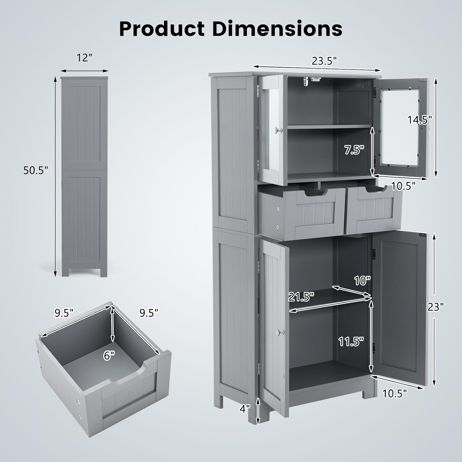 COSTWAY Bathroom Storage Cabinet, Freestanding Bathroom Organizer with Glass Doors, 2 Drawers and 2 Adjustable Shelves, Tall Linen Floor Cabinet for Bathroom, Living Room, Kitchen (Gray)