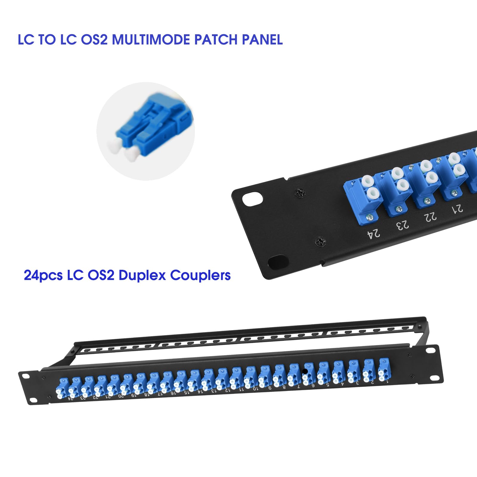 Panneau de brassage en fibre 1U avec 48 coupleurs de fibre optique monomode LC OS2, connecteurs monomodes, lot de 2