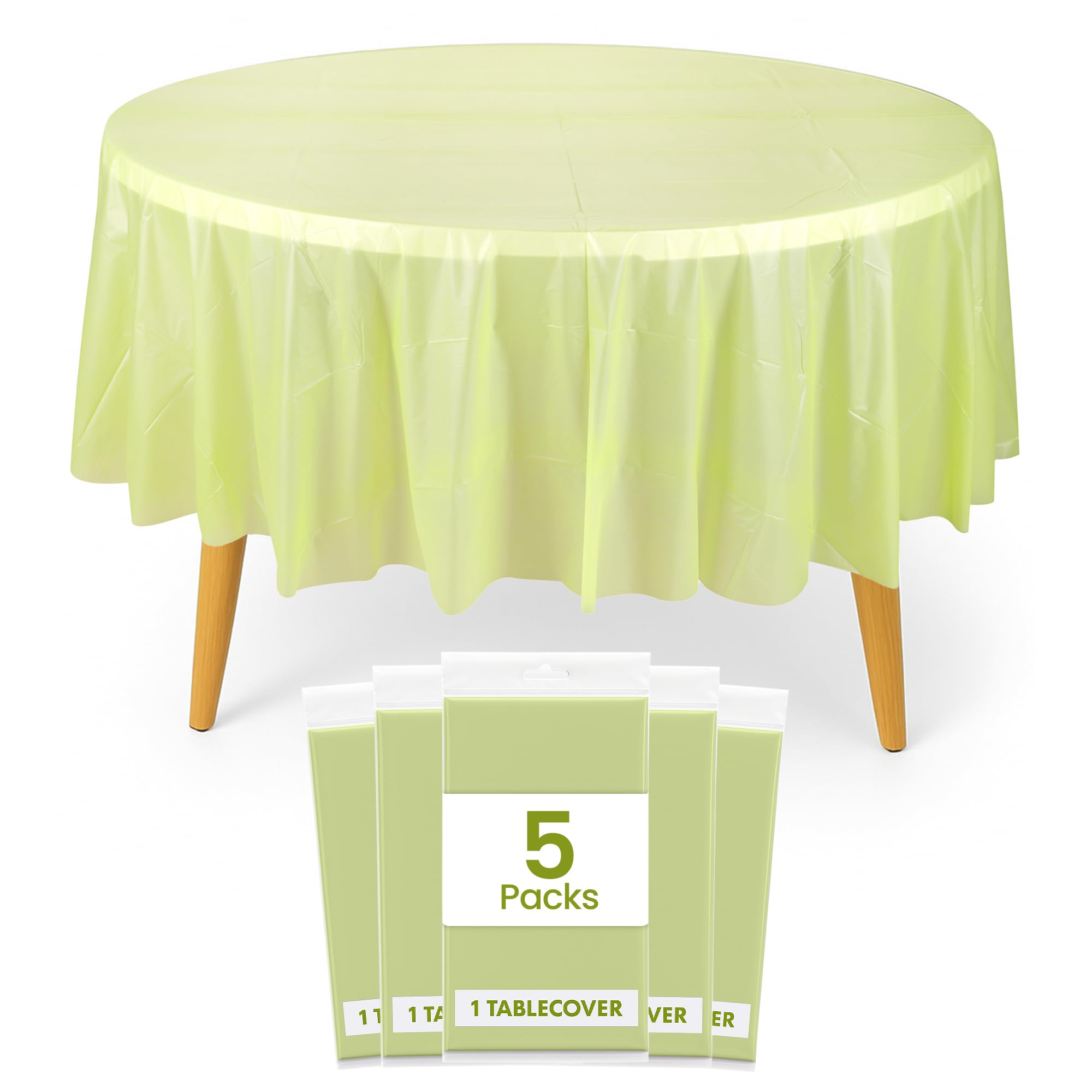 WedDeocr 84 Inch Round Disposable Plastic Table Covers, Apple Green - 5pcs