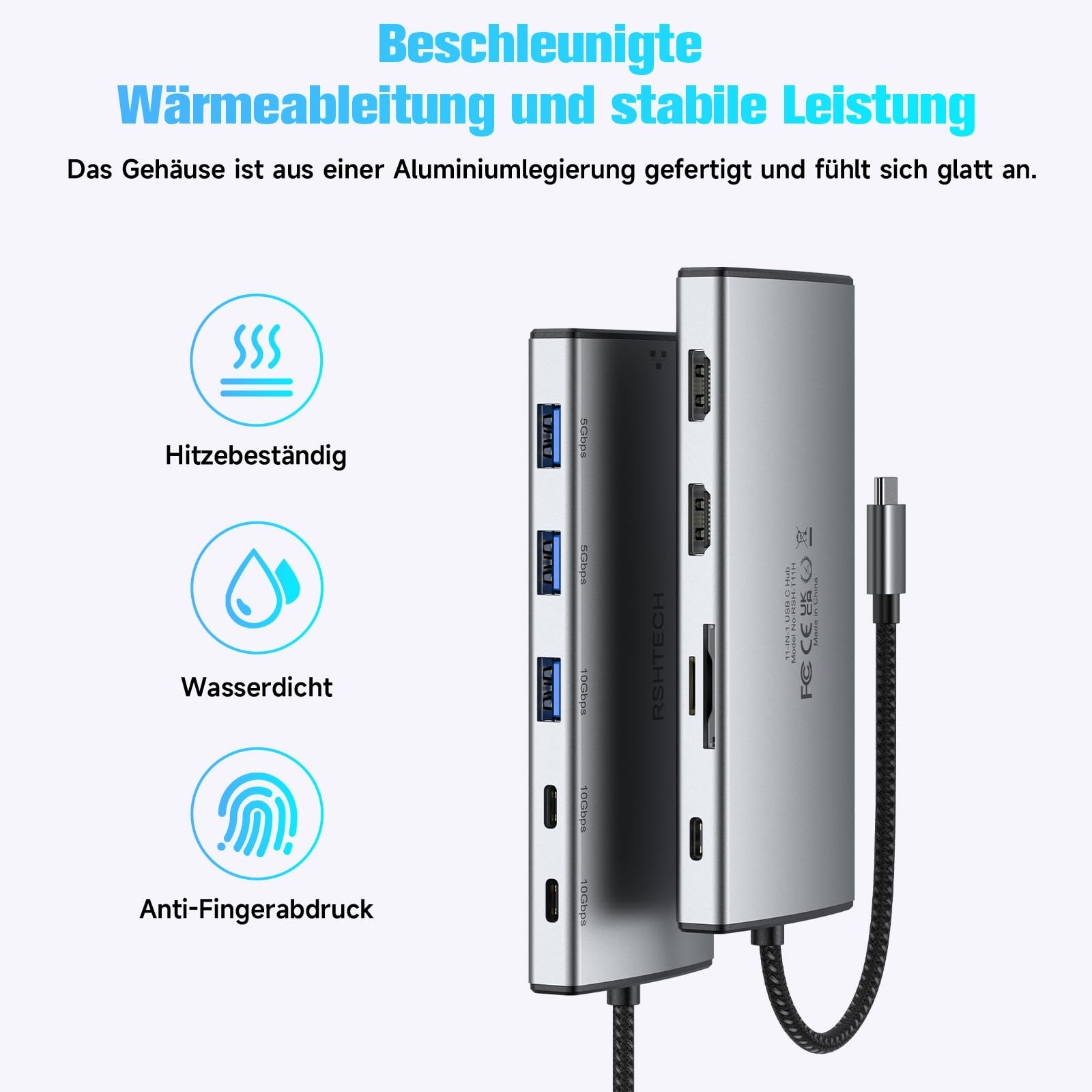 RSHTECH 11 in 1 MacBook Laptop Dockingstation mit 2 HDMI (8K und 4K), USB 3.2 und 3.0, 100W PD, SD/TF, Gigabit Ethernet - USB C Docking Station 2 Monitore - Geeignet für Windows, Linux und Mas OS