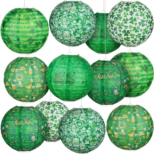 Image of Panelee 12 Pcs St Patricks Day Party Decorations Paper Lanterns Hanging Round Green Shamrock Lanterns for Irish Festive Office Classroom Party Decorations Indoor Outdoor